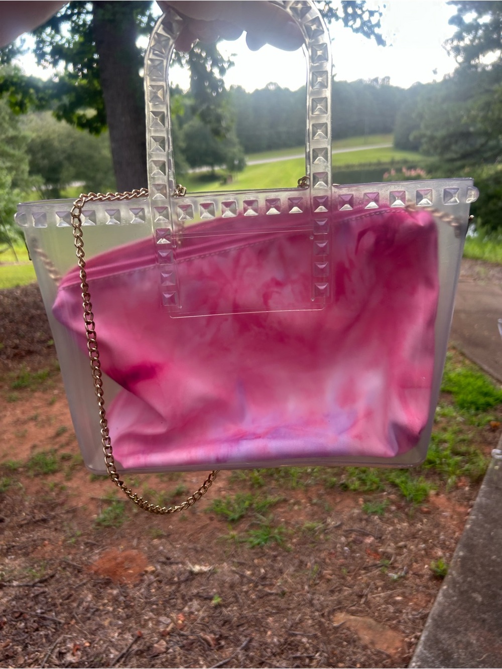 Clear Studded Jelly Tote Bag with Pink Tie-Dye Cosmetic Pouch & Gold Chain - Picture 3 of 8